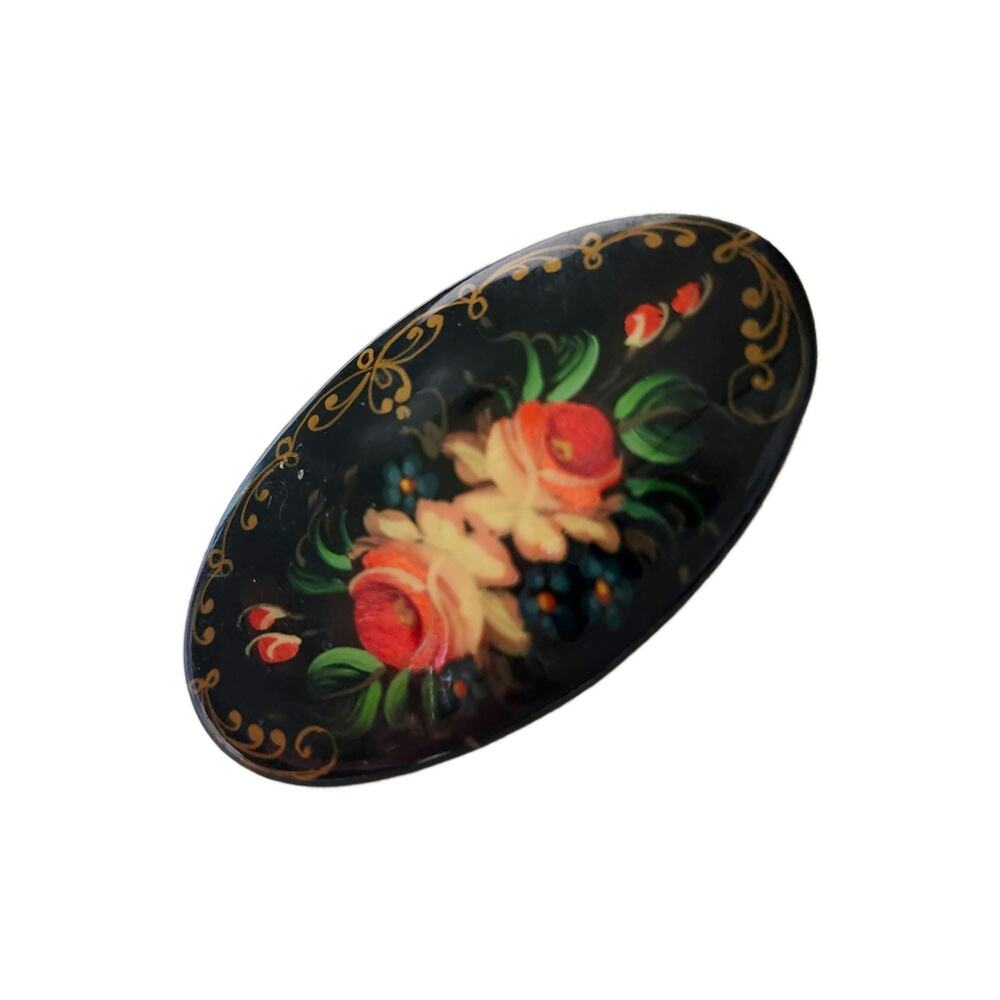 Vintage Russian Brooch Lacquered Flowers with Gold Gilt Brooch Signed, 2" Wide